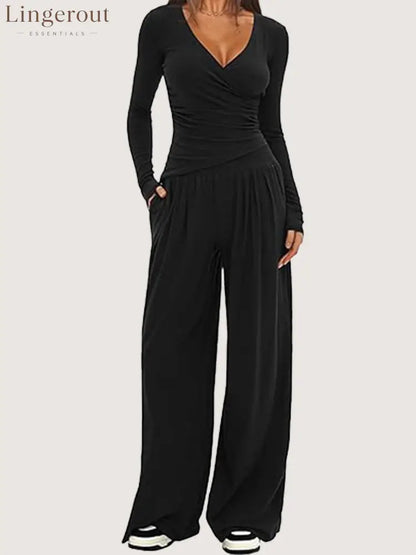 Women Solid Wrap V Neck Ruched Long Sleeve Top Elastic High Waist Pocket Wide Leg Casual Loungewear Co-ord Set - Black