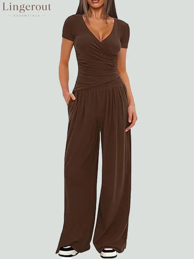 Women Solid Wrap V Neck Ruched Long Sleeve Top Elastic High Waist Pocket Wide Leg Casual Loungewear Co-ord Set - Brown