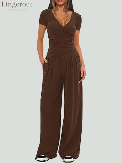 Women Solid Wrap V Neck Ruched Long Sleeve Top Elastic High Waist Pocket Wide Leg Casual Loungewear Co-ord Set - Brown