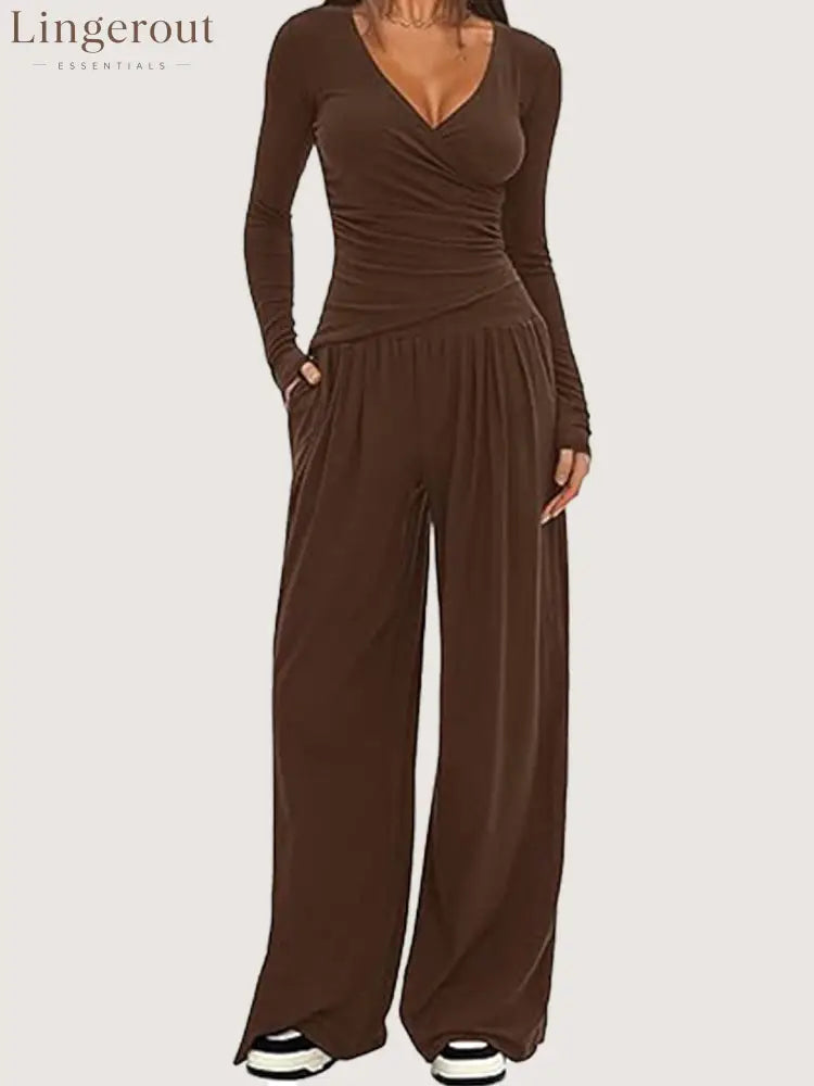 Women Solid Wrap V Neck Ruched Long Sleeve Top Elastic High Waist Pocket Wide Leg Casual Loungewear Co-ord Set - Brown