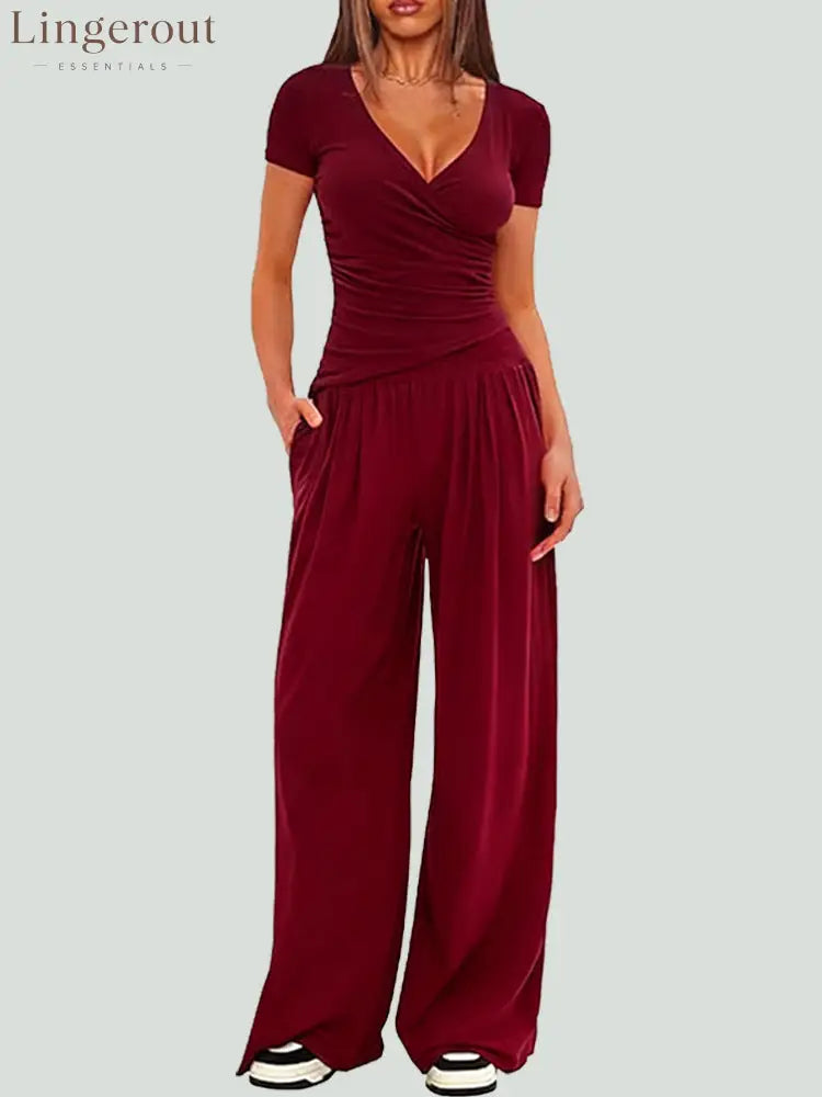 Women Solid Wrap V Neck Ruched Long Sleeve Top Elastic High Waist Pocket Wide Leg Casual Loungewear Co-ord Set