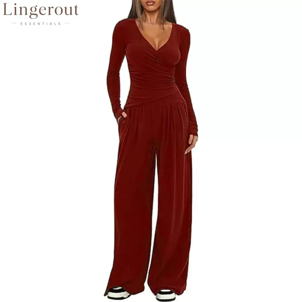 Women Solid Wrap V Neck Ruched Long Sleeve Top Elastic High Waist Pocket Wide Leg Casual Loungewear Co-ord Set