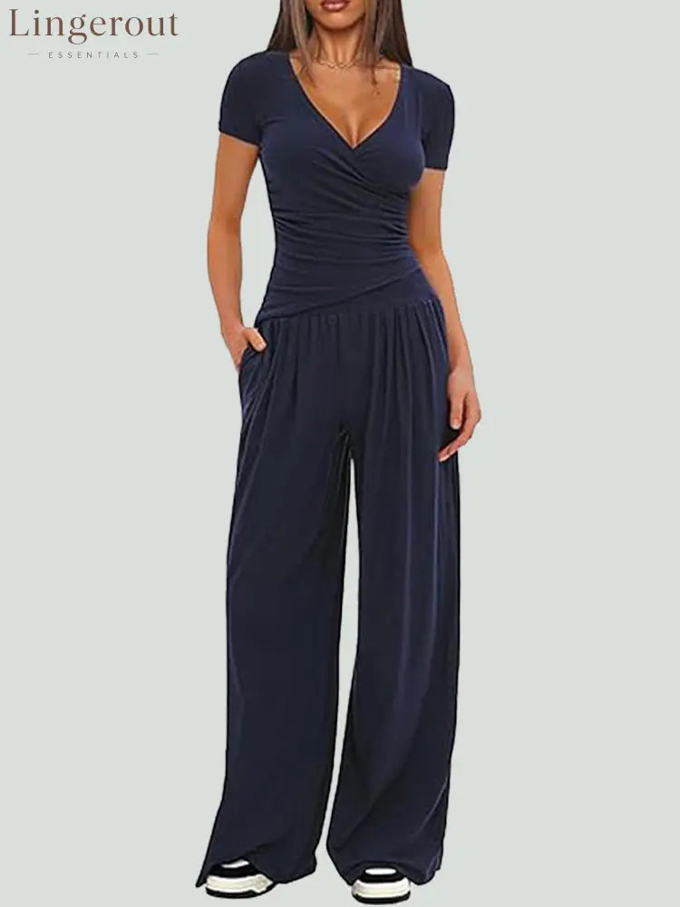 Women Solid Wrap V Neck Ruched Long Sleeve Top Elastic High Waist Pocket Wide Leg Casual Loungewear Co-ord Set - Dark