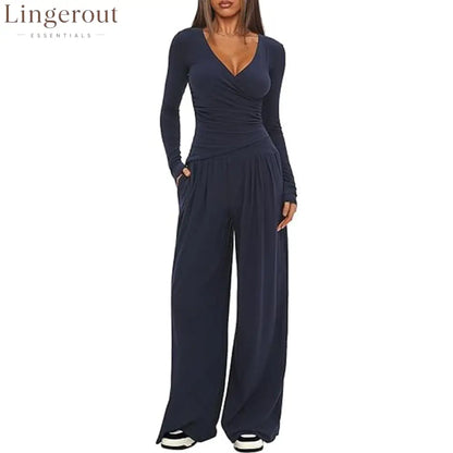 Women Solid Wrap V Neck Ruched Long Sleeve Top Elastic High Waist Pocket Wide Leg Casual Loungewear Co-ord Set - Dark