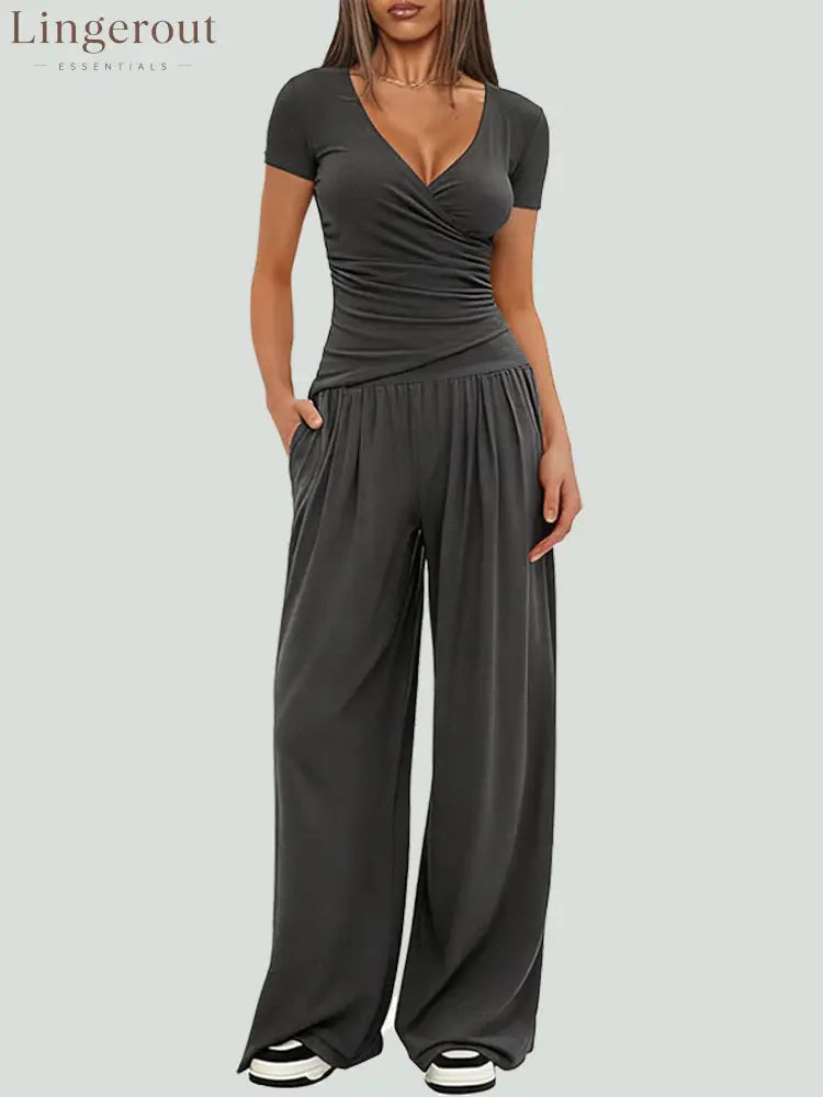 Women Solid Wrap V Neck Ruched Long Sleeve Top Elastic High Waist Pocket Wide Leg Casual Loungewear Co-ord Set - Dark