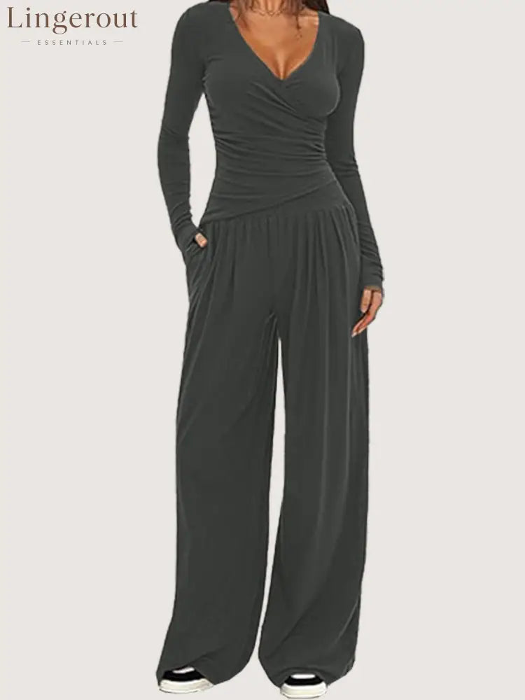 Women Solid Wrap V Neck Ruched Long Sleeve Top Elastic High Waist Pocket Wide Leg Casual Loungewear Co-ord Set - Dark