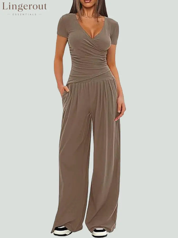 Women Solid Wrap V Neck Ruched Long Sleeve Top Elastic High Waist Pocket Wide Leg Casual Loungewear Co-ord Set - Khaki