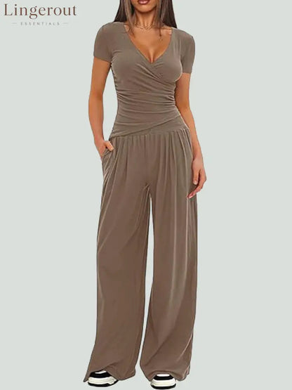 Women Solid Wrap V Neck Ruched Long Sleeve Top Elastic High Waist Pocket Wide Leg Casual Loungewear Co-ord Set - Khaki