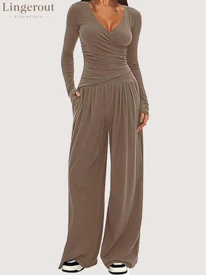 Women Solid Wrap V Neck Ruched Long Sleeve Top Elastic High Waist Pocket Wide Leg Casual Loungewear Co-ord Set - Khaki