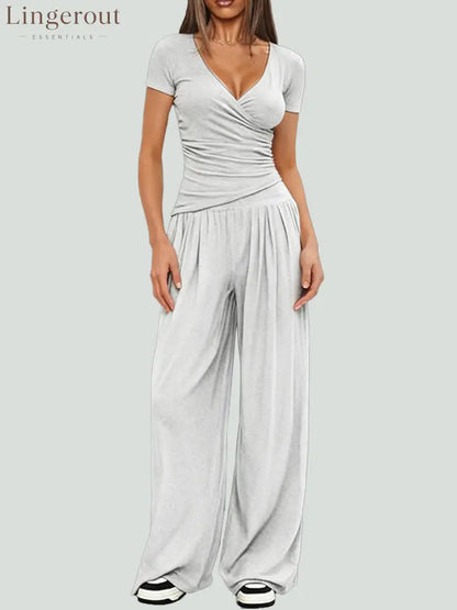 Women Solid Wrap V Neck Ruched Long Sleeve Top Elastic High Waist Pocket Wide Leg Casual Loungewear Co-ord Set - Light