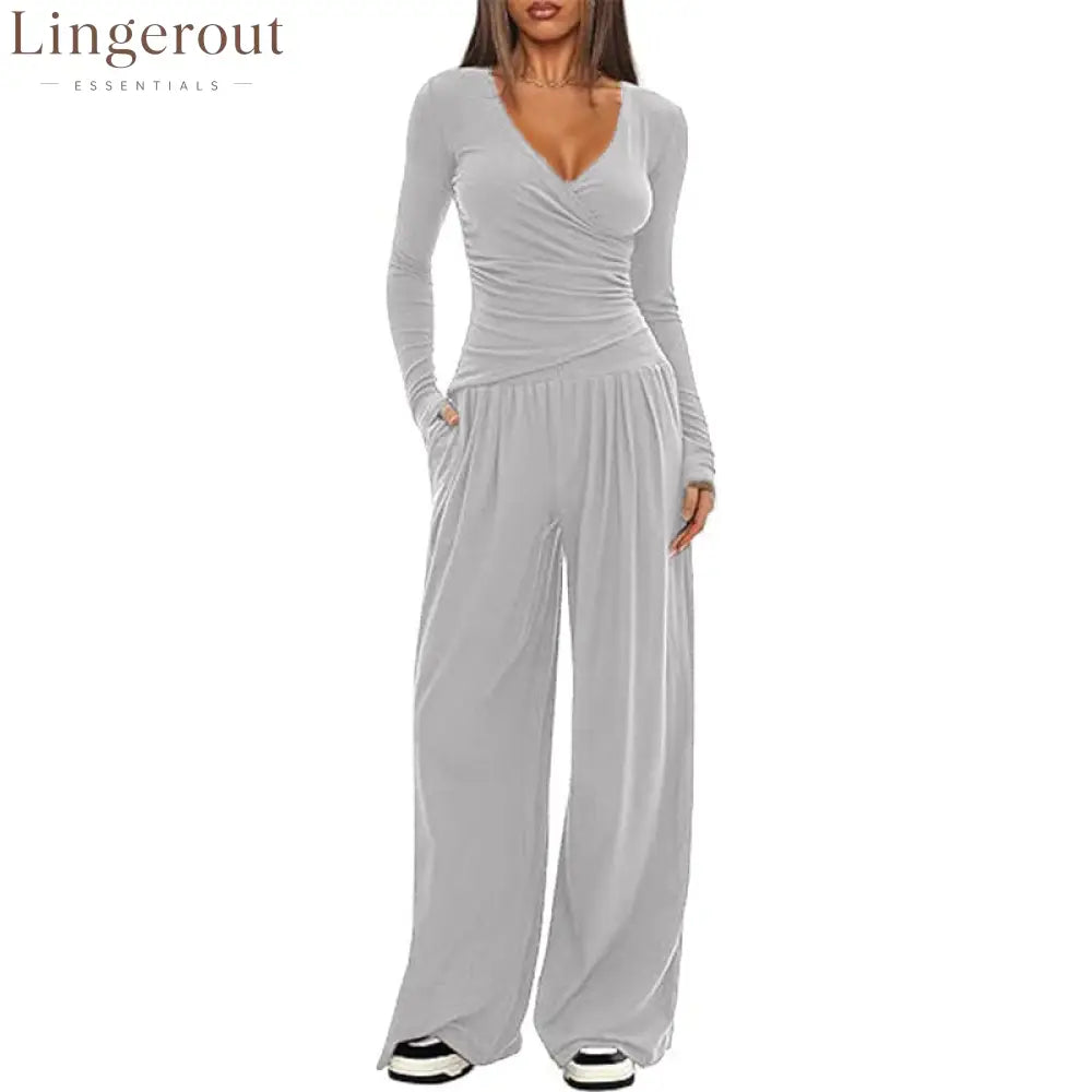 Women Solid Wrap V Neck Ruched Long Sleeve Top Elastic High Waist Pocket Wide Leg Casual Loungewear Co-ord Set - Light