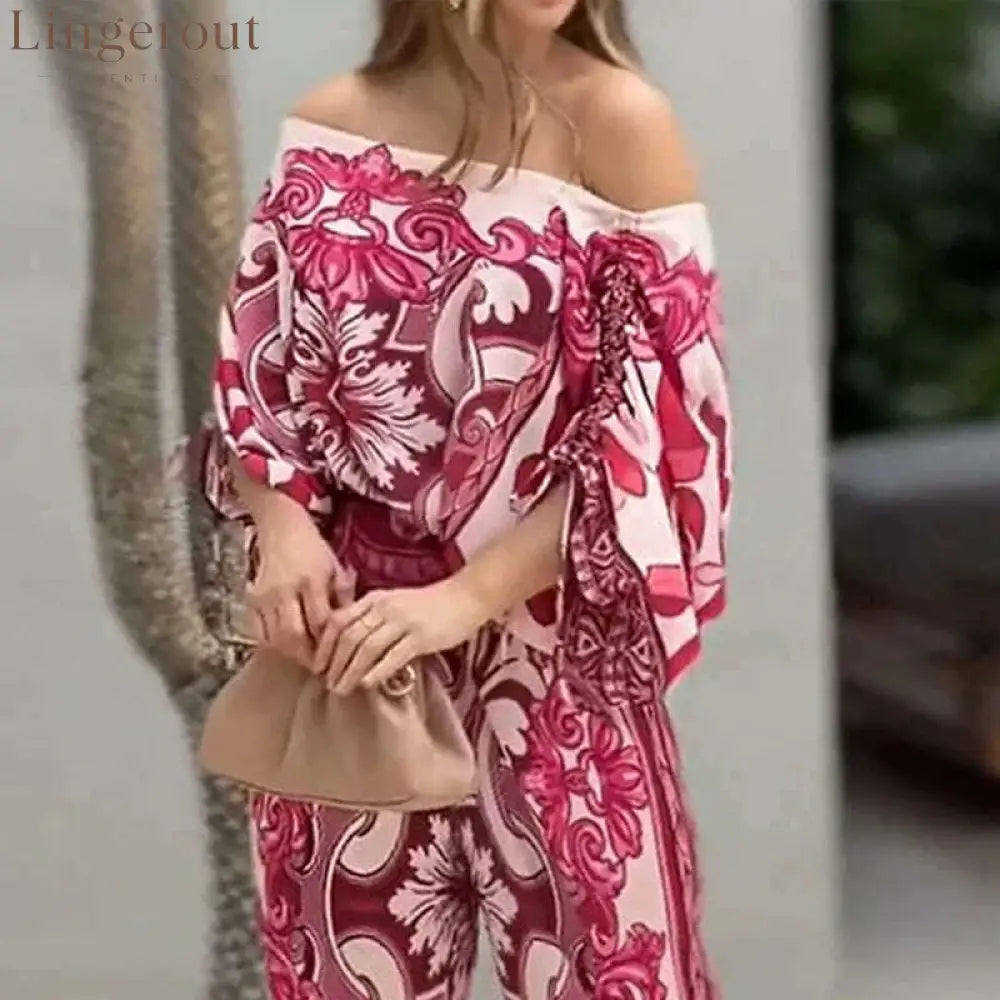 Women Two Piece Set Casual Fashion Printed One Shoulder Drawstring Shirring Ioose Top With Pocket Wide Leg Pants Set