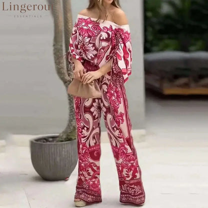 Women Two Piece Set Casual Fashion Printed One Shoulder Drawstring Shirring Ioose Top With Pocket Wide Leg Pants Set