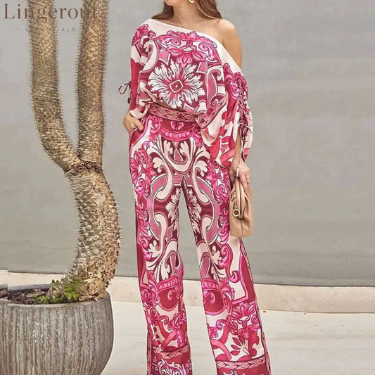 Women Two Piece Set Casual Fashion Printed One Shoulder Drawstring Shirring Ioose Top With Pocket Wide Leg Pants Set