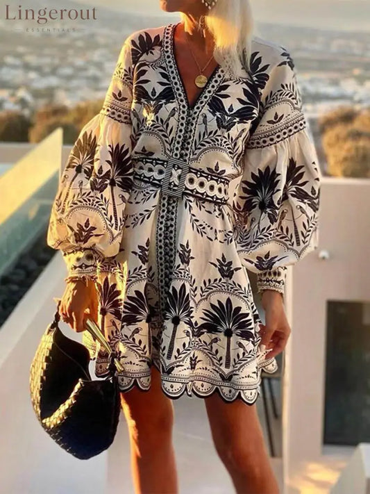 Women Vintage Printed Beach Dresses - black / S