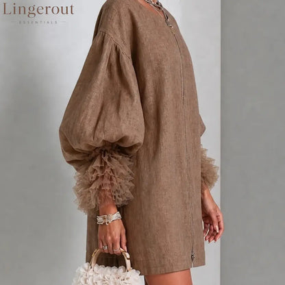 Women Zip‑Front Linen Mini Dress Oversized Balloon Puff Sleeve Ruffle Cuff Loose Shift Dress