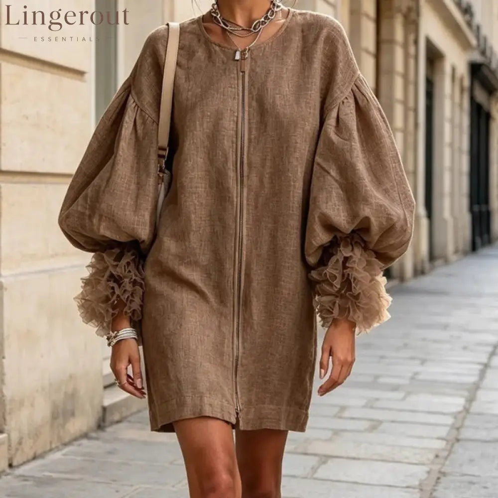 Women Zip‑Front Linen Mini Dress Oversized Balloon Puff Sleeve Ruffle Cuff Loose Shift Dress