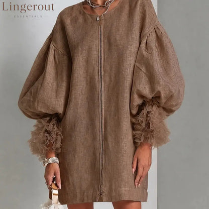 Women Zip‑Front Linen Mini Dress Oversized Balloon Puff Sleeve Ruffle Cuff Loose Shift Dress