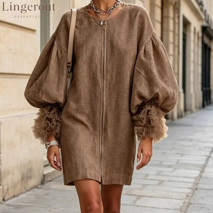 Women Zip‑Front Linen Mini Dress Oversized Balloon Puff Sleeve Ruffle Cuff Loose Shift Dress - Khaki / S