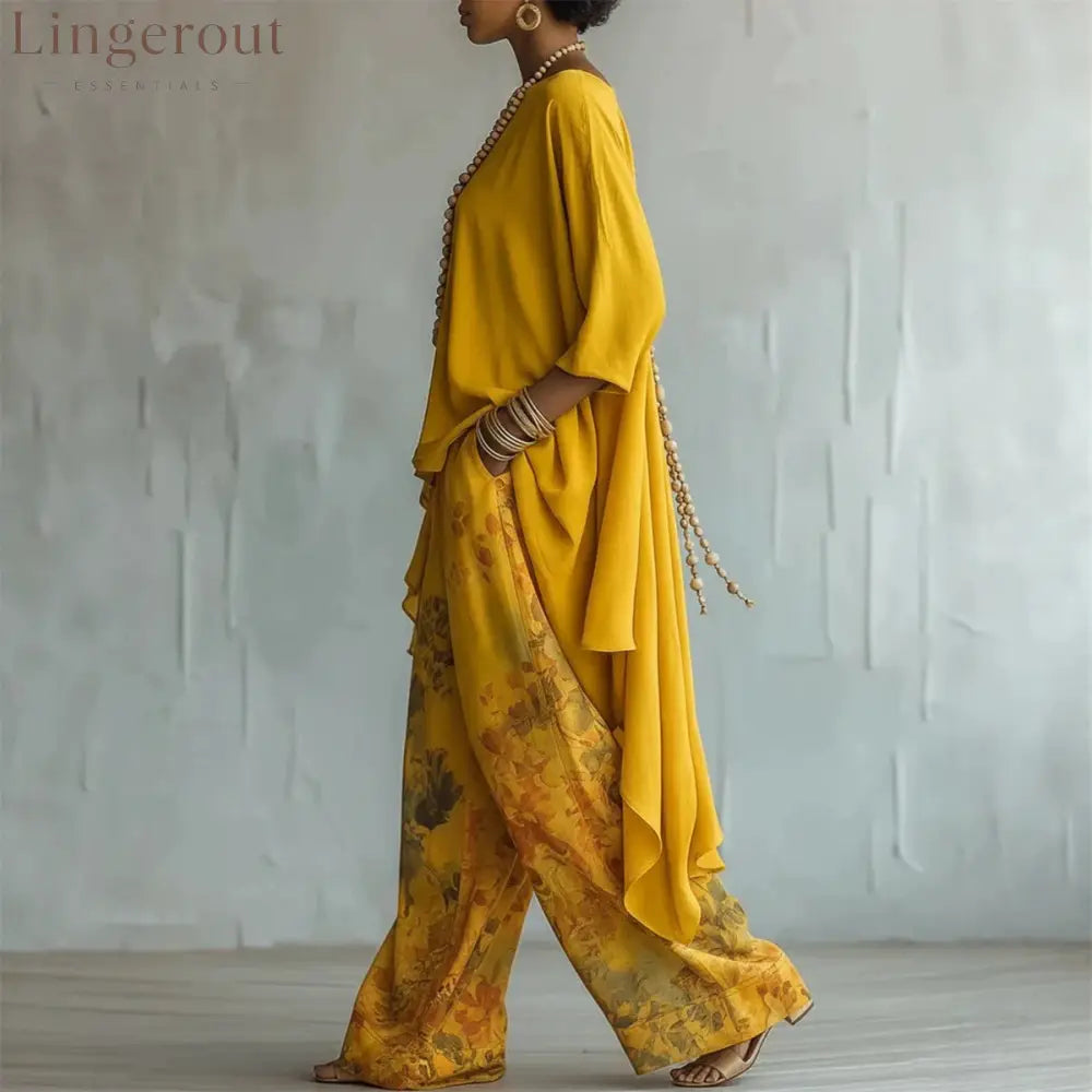 Women’s Artistic Linen-Blend Asymmetrical Top & Floral Print Wide Leg Pants Two-Piece Set