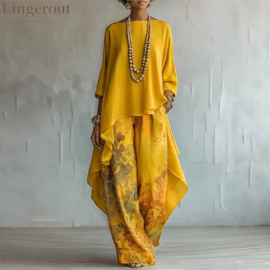 Women’s Artistic Linen-Blend Asymmetrical Top & Floral Print Wide Leg Pants Two-Piece Set