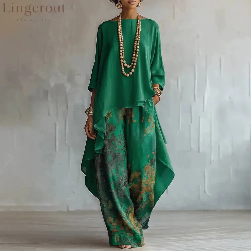 Women’s Artistic Linen-Blend Asymmetrical Top & Floral Print Wide Leg Pants Two-Piece Set