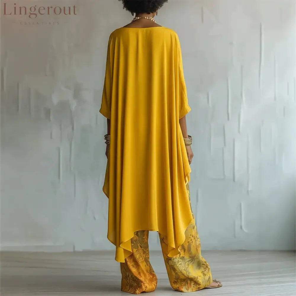 Women’s Artistic Linen-Blend Asymmetrical Top & Floral Print Wide Leg Pants Two-Piece Set