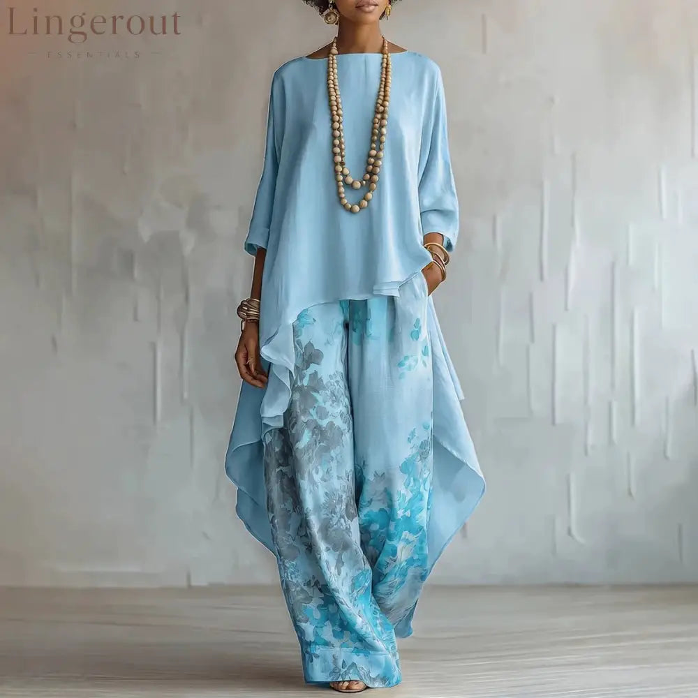 Women’s Artistic Linen-Blend Asymmetrical Top & Floral Print Wide Leg Pants Two-Piece Set