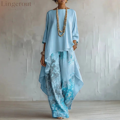Women’s Artistic Linen-Blend Asymmetrical Top & Floral Print Wide Leg Pants Two-Piece Set