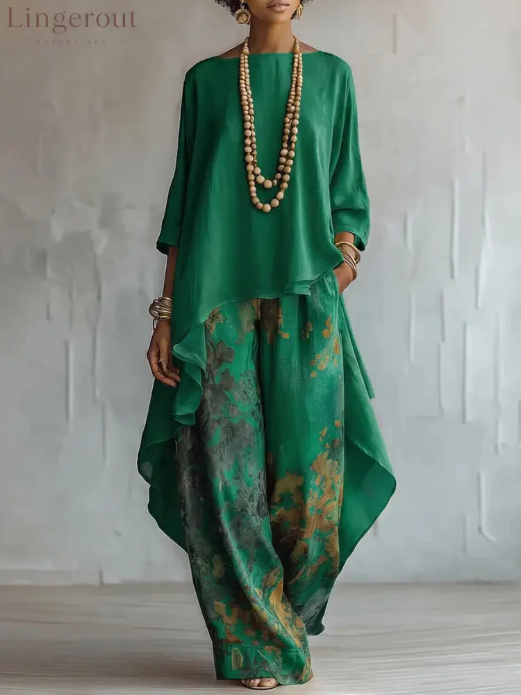 Women’s Artistic Linen-Blend Asymmetrical Top & Floral Print Wide Leg Pants Two-Piece Set - Green / S