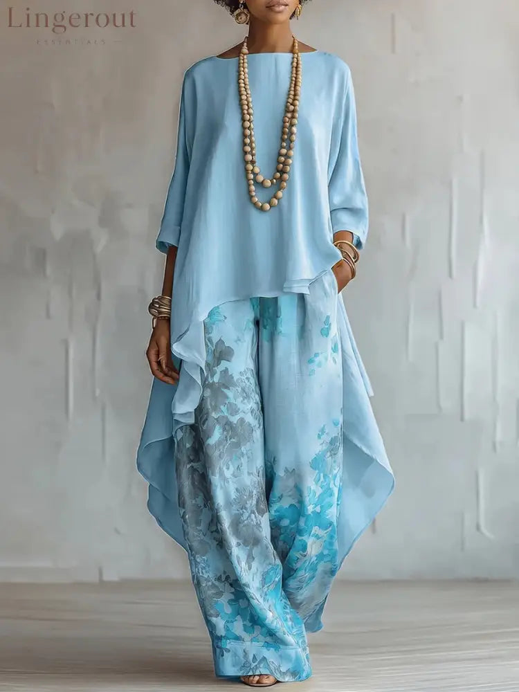 Women’s Artistic Linen-Blend Asymmetrical Top & Floral Print Wide Leg Pants Two-Piece Set - Light blue / S