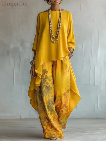 Women’s Artistic Linen-Blend Asymmetrical Top & Floral Print Wide Leg Pants Two-Piece Set - Yellow / S