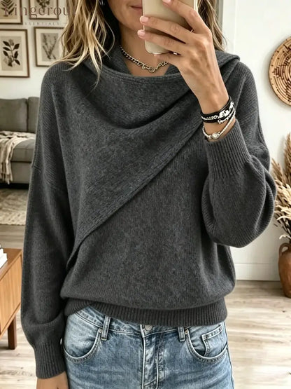 Women’s Asymmetrical Draped Cowl Neck Sweater - Grey / XS