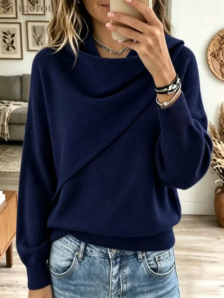 Women’s Asymmetrical Draped Cowl Neck Sweater - NavyBlue / XS