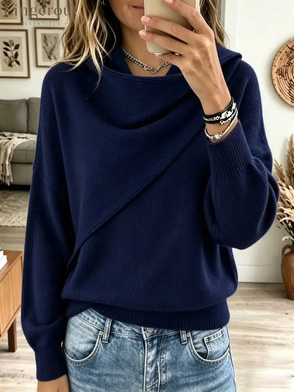 Women’s Asymmetrical Draped Cowl Neck Sweater - NavyBlue / XS