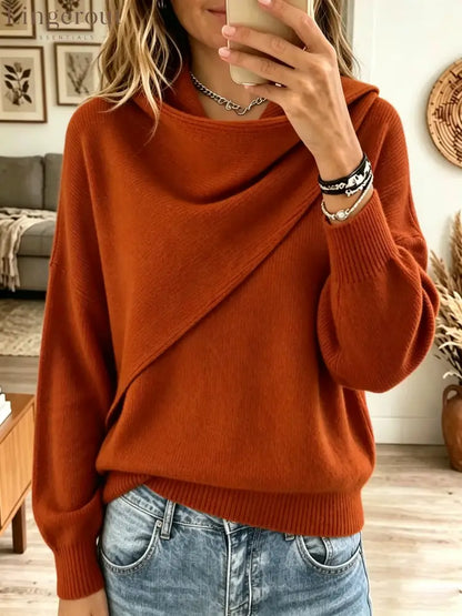 Women’s Asymmetrical Draped Cowl Neck Sweater - Orange / XS