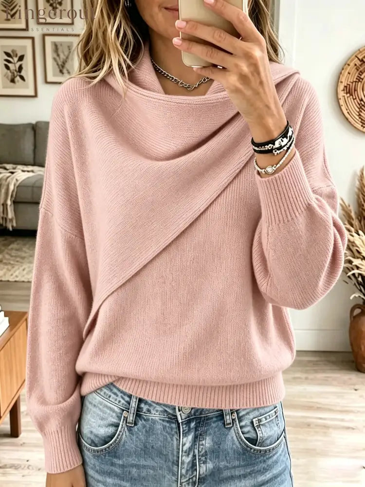 Women’s Asymmetrical Draped Cowl Neck Sweater - Pink / XS