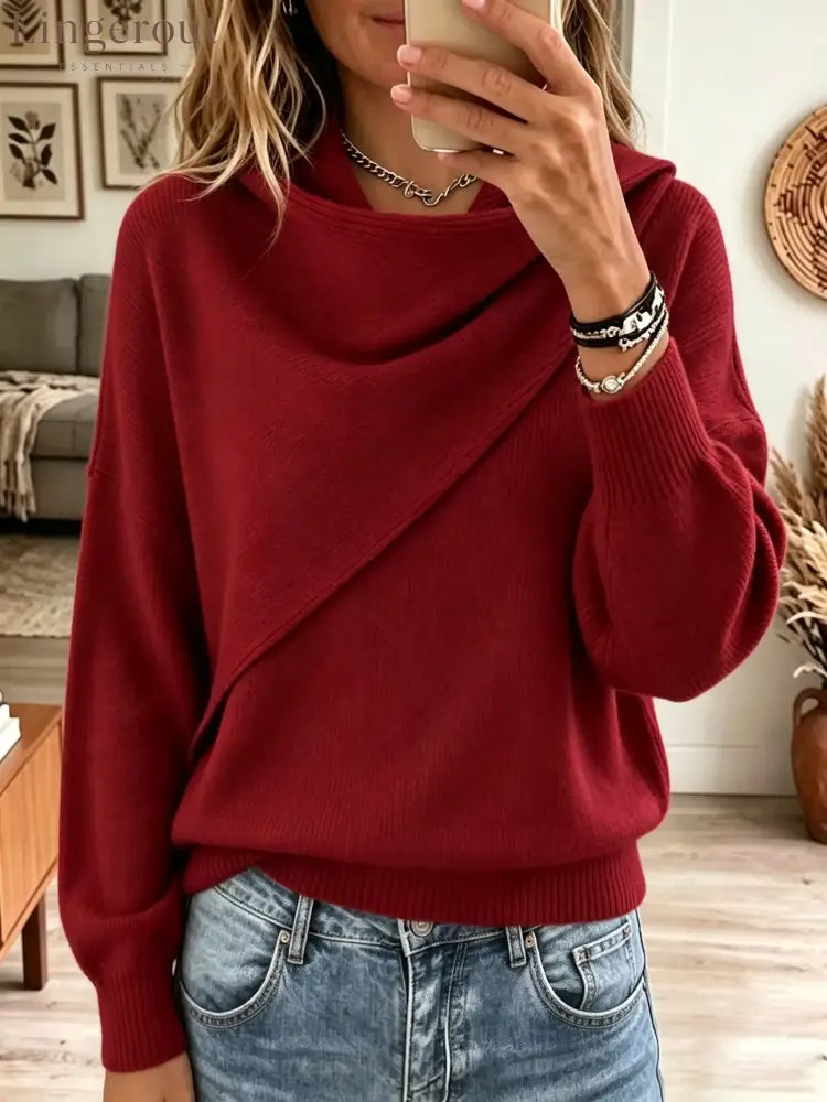 Women’s Asymmetrical Draped Cowl Neck Sweater - Red / XS