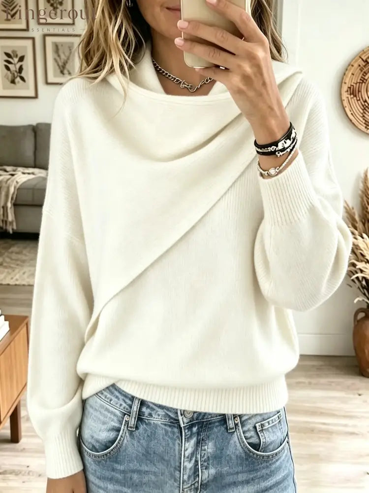 Women’s Asymmetrical Draped Cowl Neck Sweater - White / XS