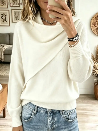 Women’s Asymmetrical Draped Cowl Neck Sweater - White / XS