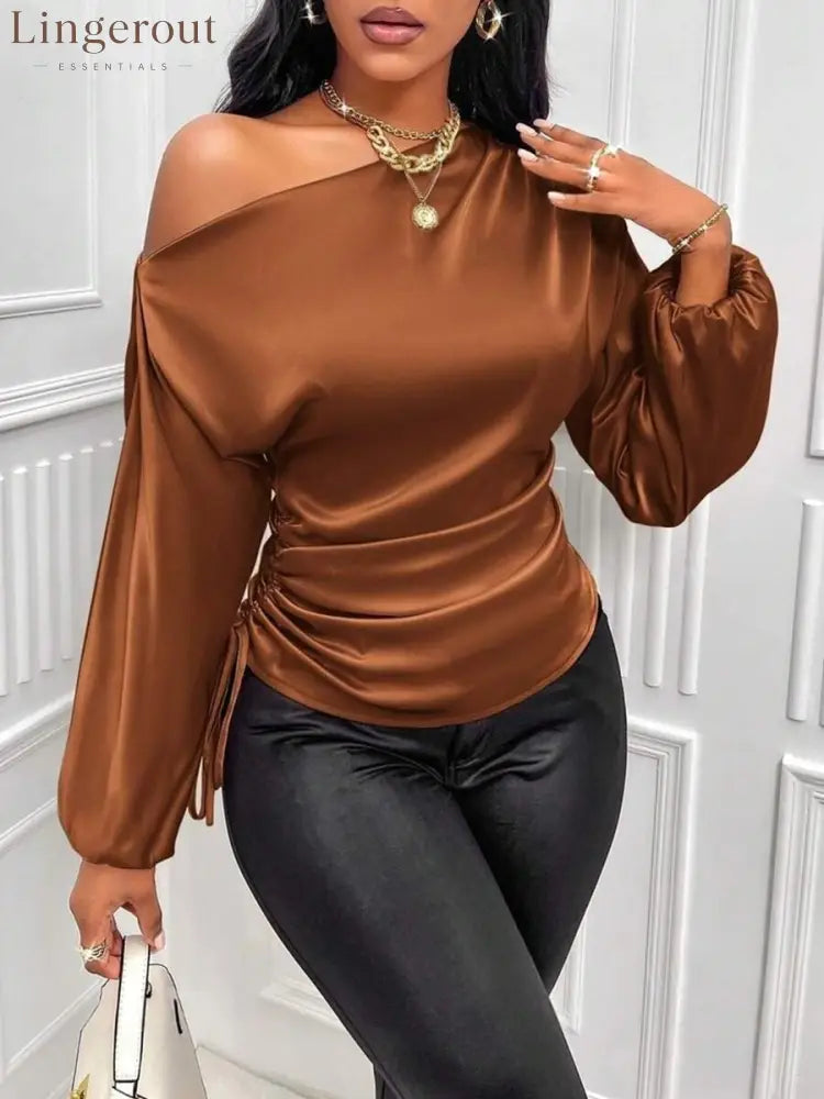 Women’s Asymmetrical Long-Sleeved Satin Blouse with Slanted Collar - Coffee / S