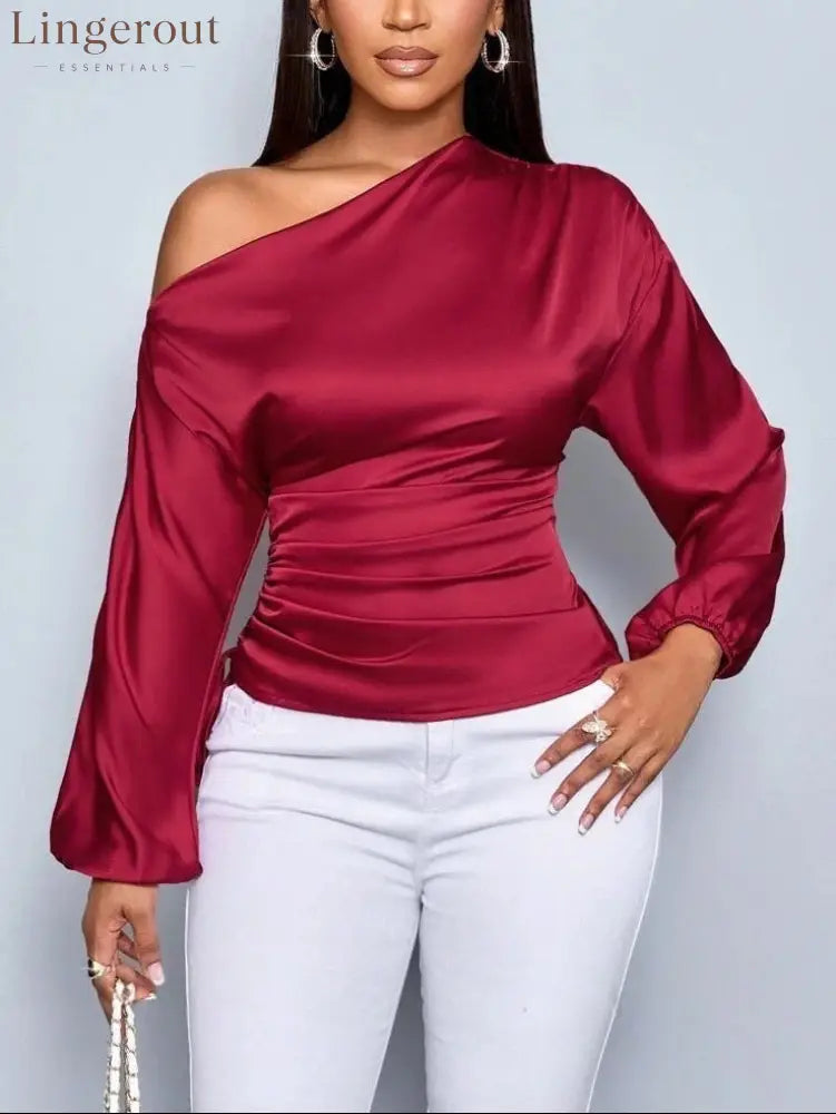 Women’s Asymmetrical Long-Sleeved Satin Blouse with Slanted Collar - Red / S