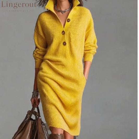 Women’s Autumn Casual Lapel Button Loose Mid-Length Sweater Dress