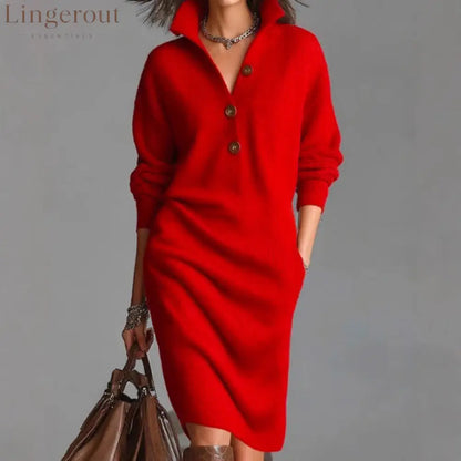 Women’s Autumn Casual Lapel Button Loose Mid-Length Sweater Dress