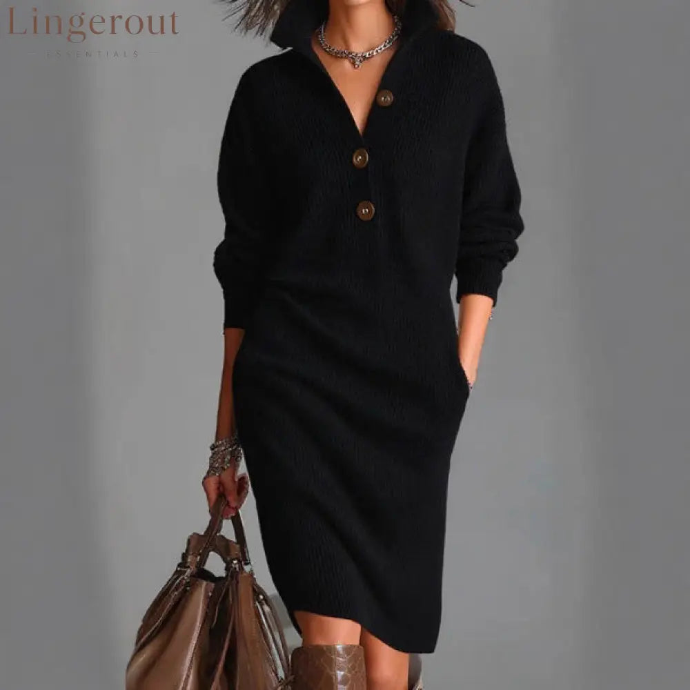 Women’s Autumn Casual Lapel Button Loose Mid-Length Sweater Dress