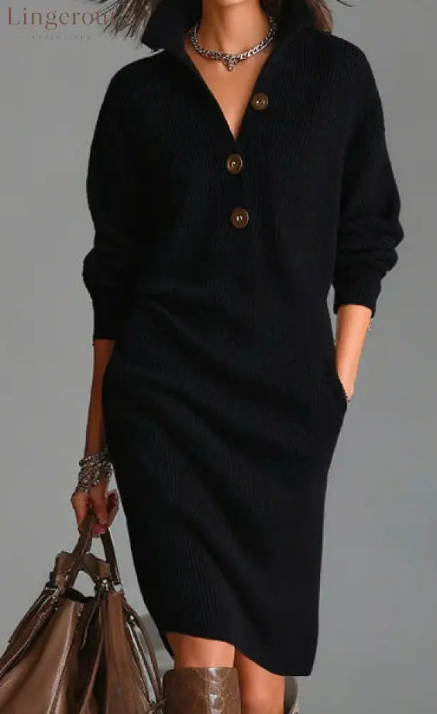 Women’s Autumn Casual Lapel Button Loose Mid-Length Sweater Dress - Black / S