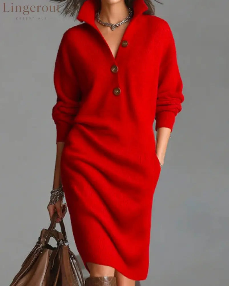 Women’s Autumn Casual Lapel Button Loose Mid-Length Sweater Dress - Red / S