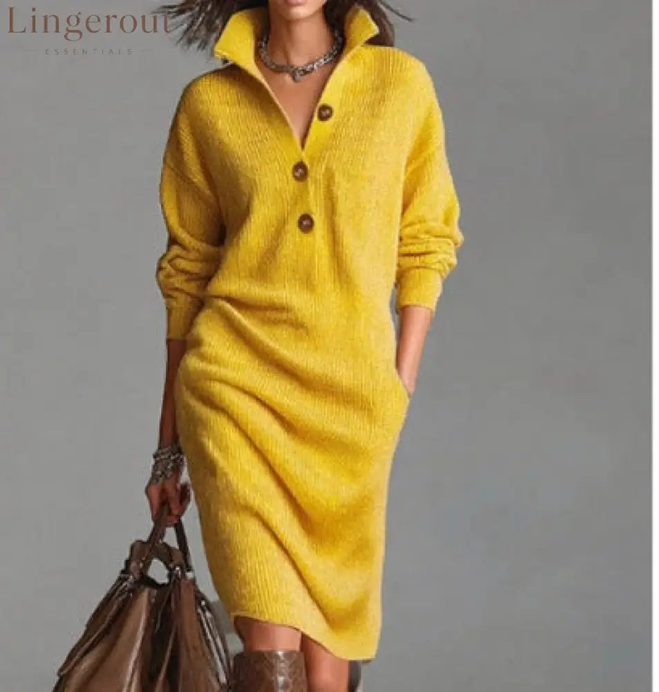 Women’s Autumn Casual Lapel Button Loose Mid-Length Sweater Dress - Yellow / S