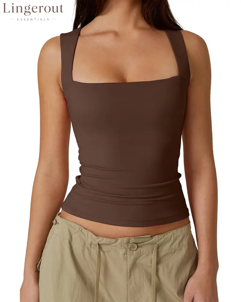 Women’s Basic Square Neck Sleeveless Double-Layer Tank Tops Shaping Vest - Peru / S