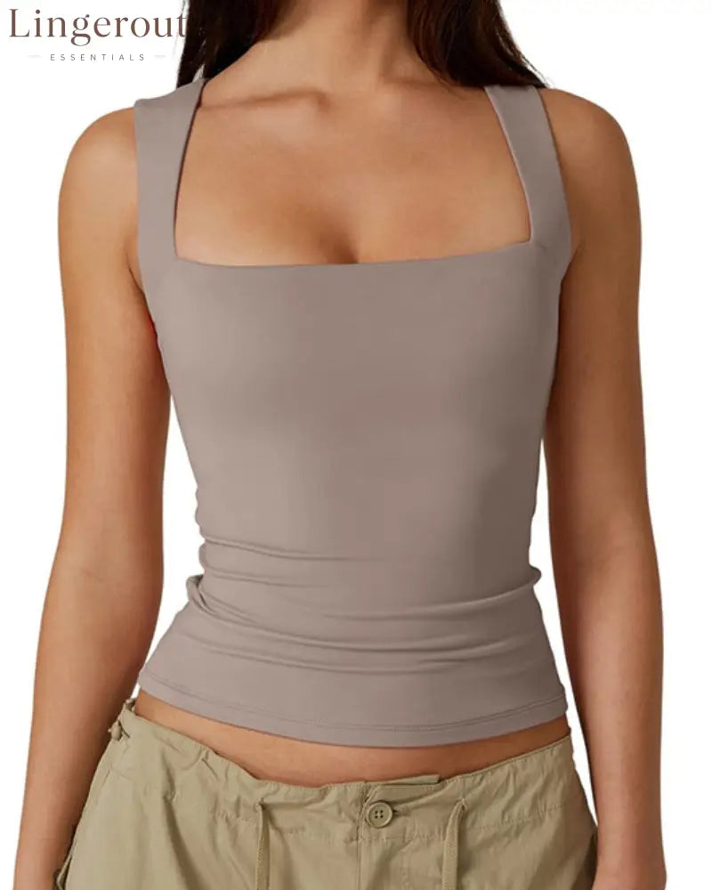 Women’s Basic Square Neck Sleeveless Double-Layer Tank Tops Shaping Vest - Taupe / S